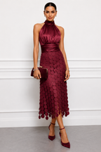 Halter midi dress with satin bodice and circular appliqué skirt, occasion wear