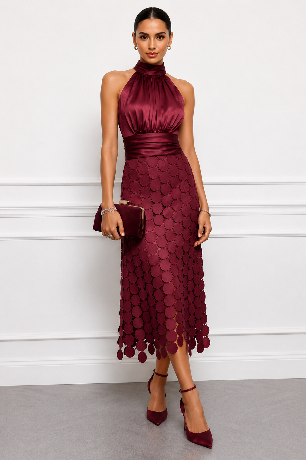 Halter midi dress with satin bodice and circular appliqué skirt, occasion wear