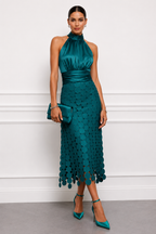 Halter midi dress with satin bodice and circular appliqué skirt, occasion wear