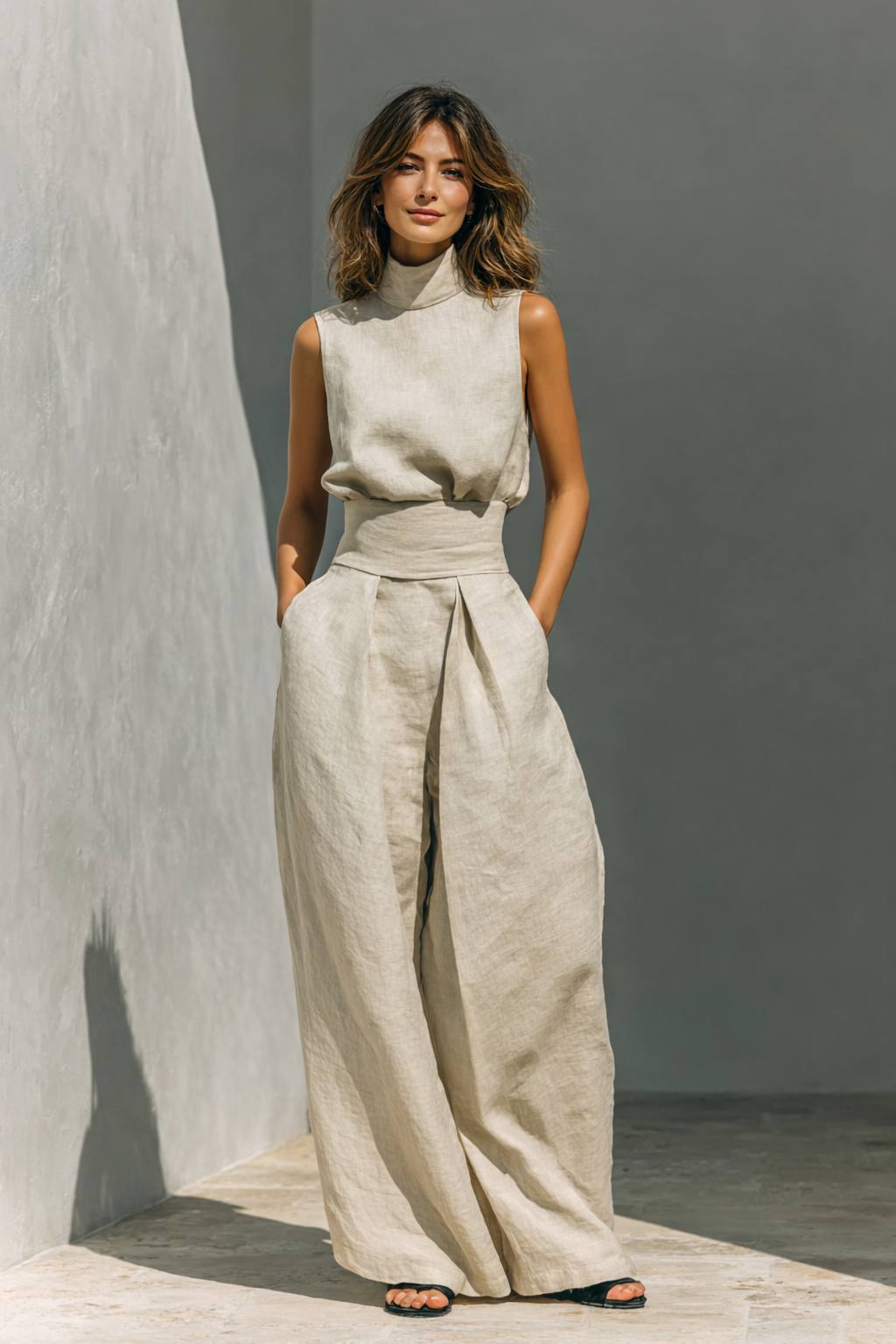 Women's lightweight linen two-piece set with tank top and wide-leg trousers