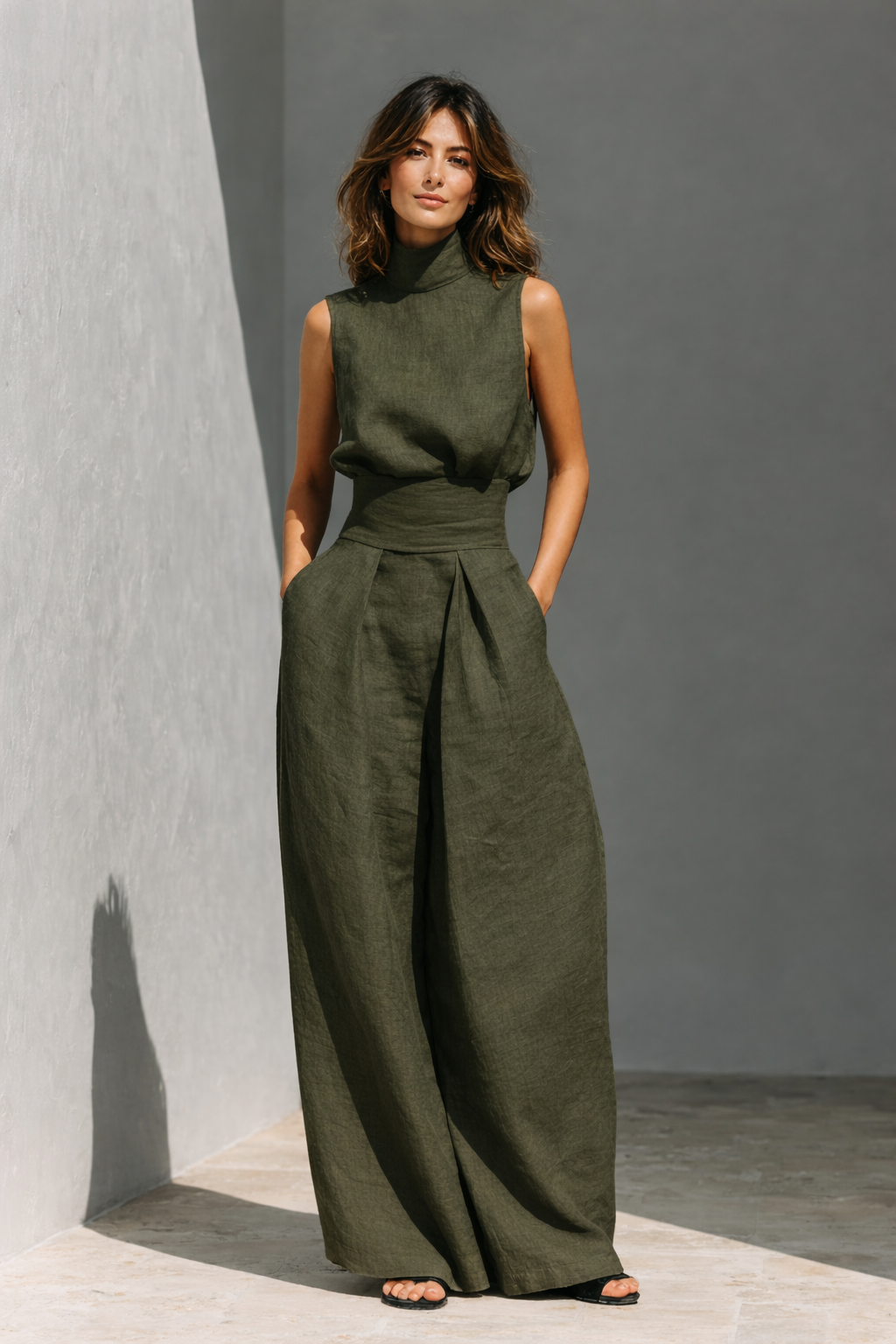 Women's lightweight linen two-piece set with tank top and wide-leg trousers