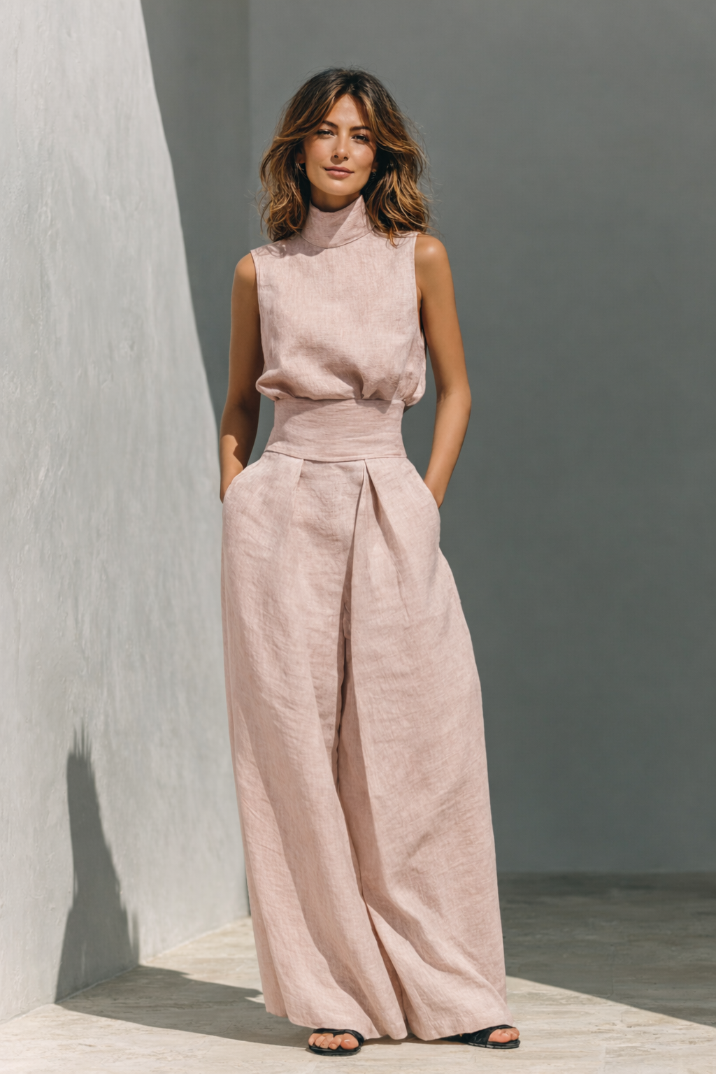 Women's lightweight linen two-piece set with tank top and wide-leg trousers