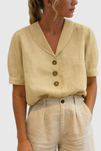 Women's V-neck short sleeve button-front blouse, straight fit cropped length