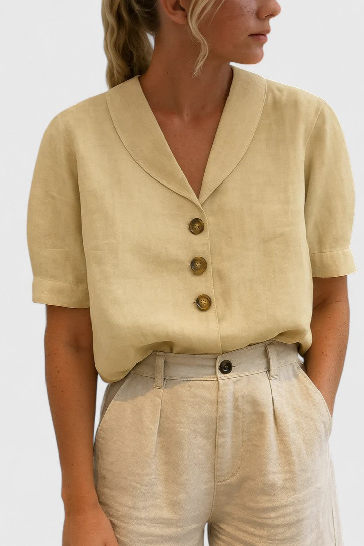 Women's V-neck short sleeve button-front blouse, straight fit cropped length
