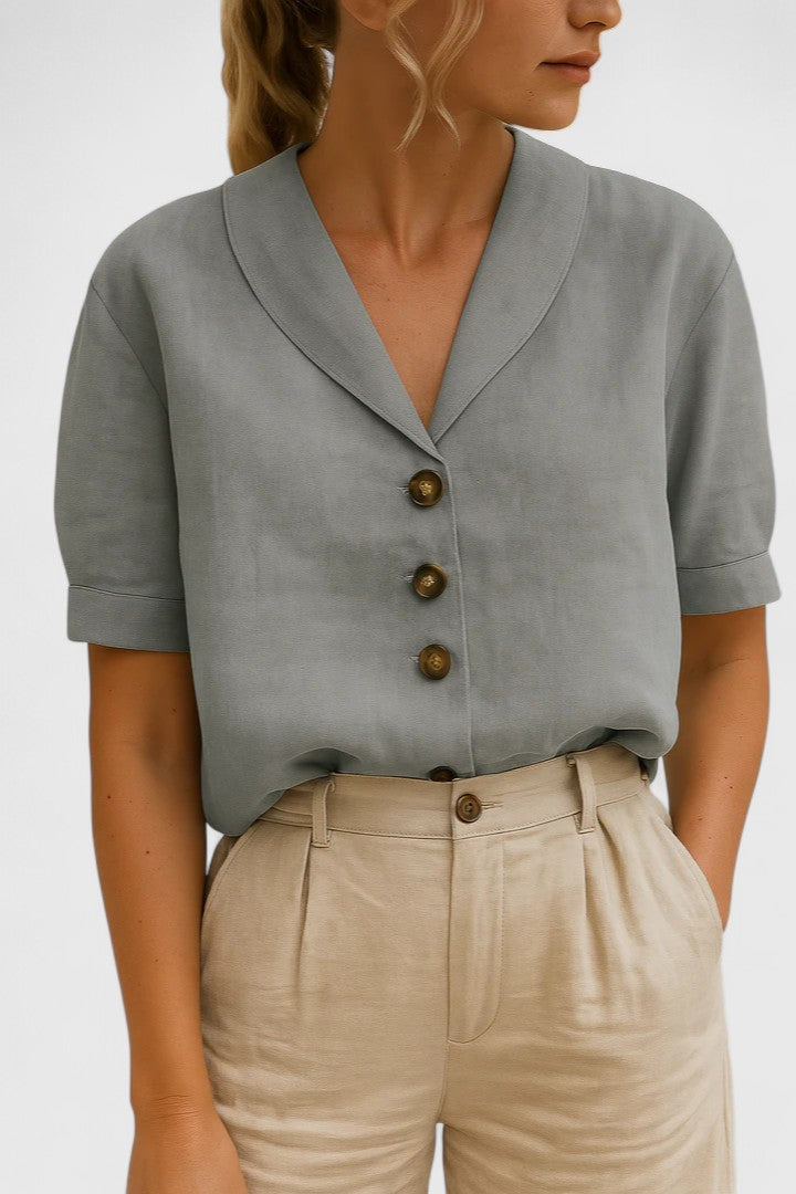 Women's V-neck short sleeve button-front blouse, straight fit cropped length