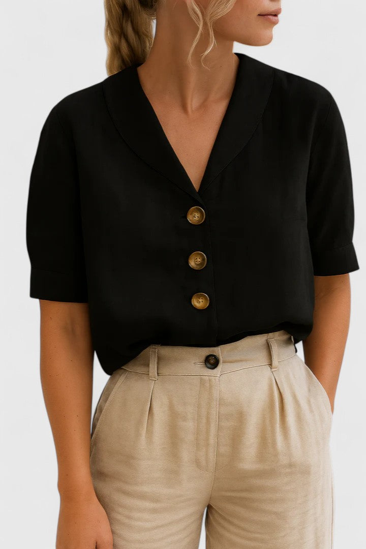 Women's V-neck short sleeve button-front blouse, straight fit cropped length