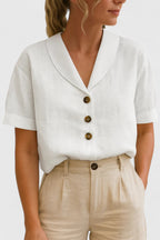 Women's V-neck short sleeve button-front blouse, straight fit cropped length
