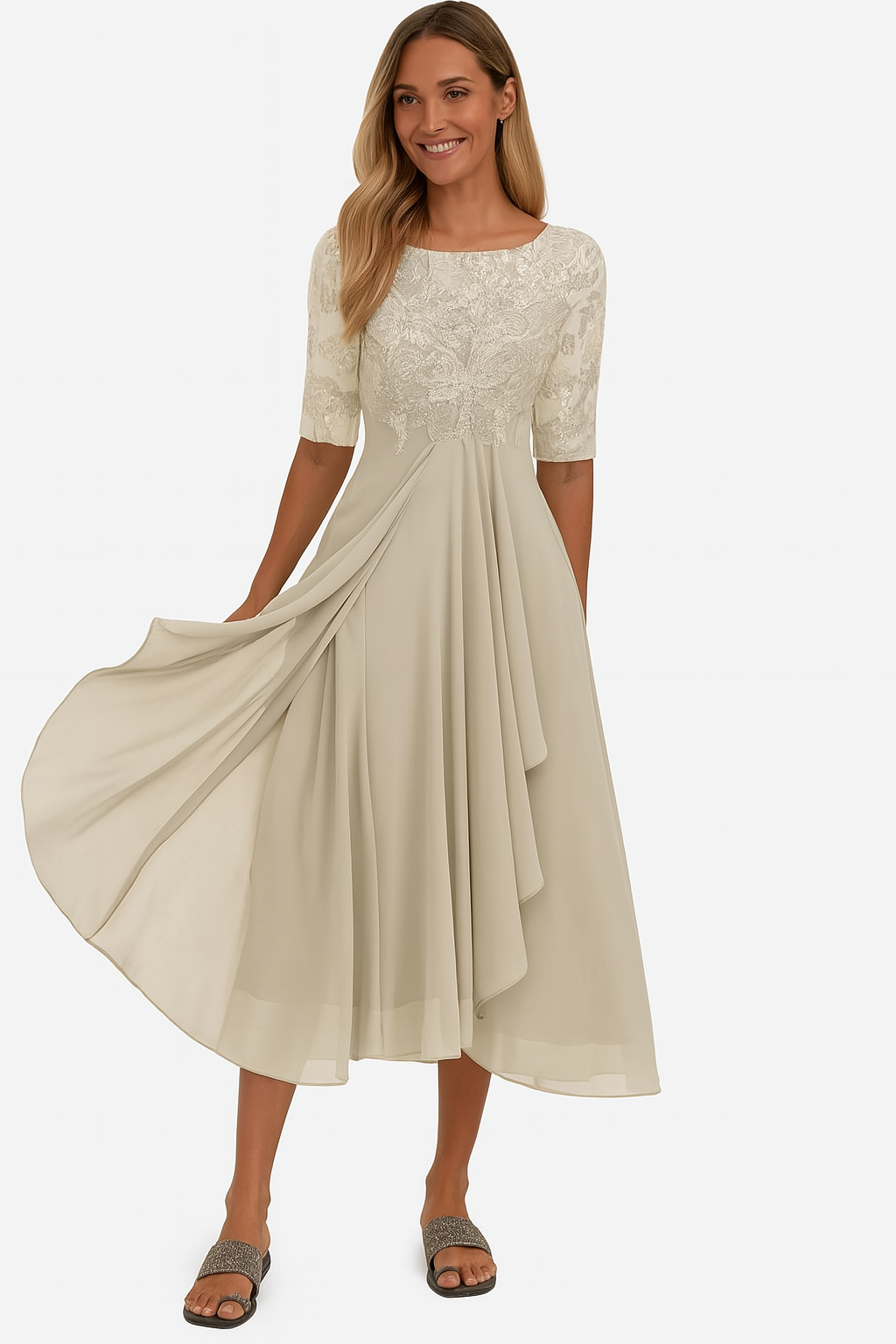 Women's summer A-line midi dress, flowy silhouette, wedding guest style