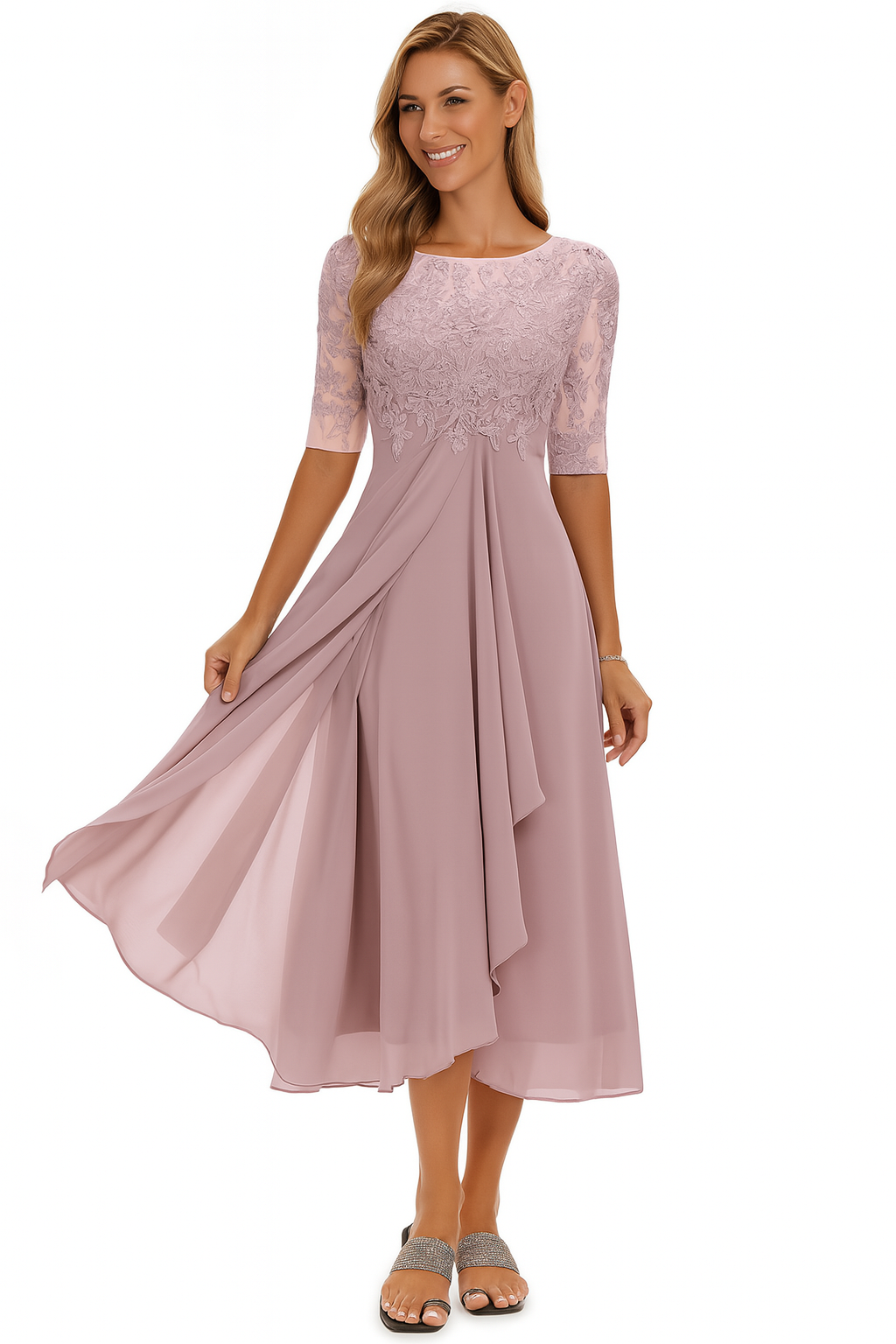 Women's summer A-line midi dress, flowy silhouette, wedding guest style