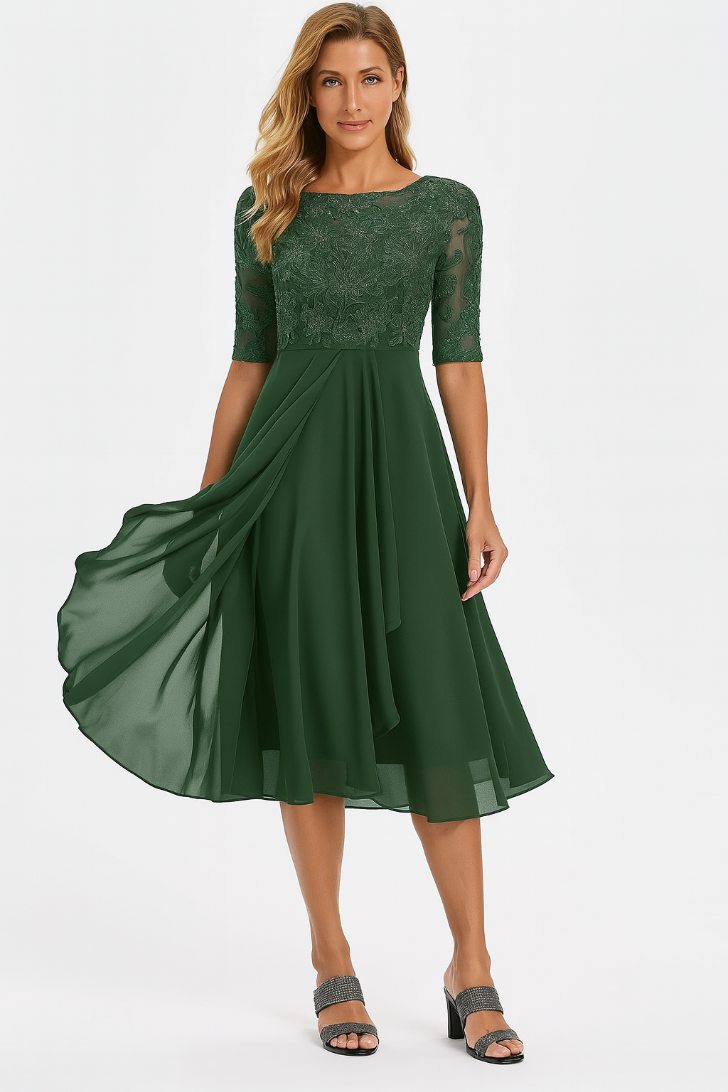 Women's summer A-line midi dress, flowy silhouette, wedding guest style