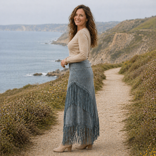 A-Line Maxi Fringe Skirt | Gray | Bohemian Elegance