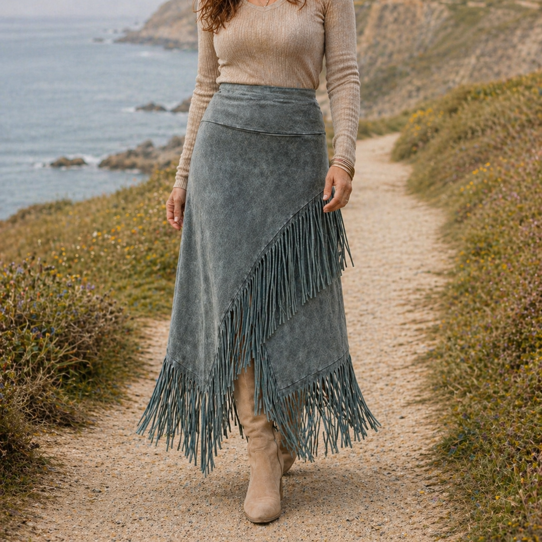 A-Line Maxi Fringe Skirt in Gray with Bohemian Elegance