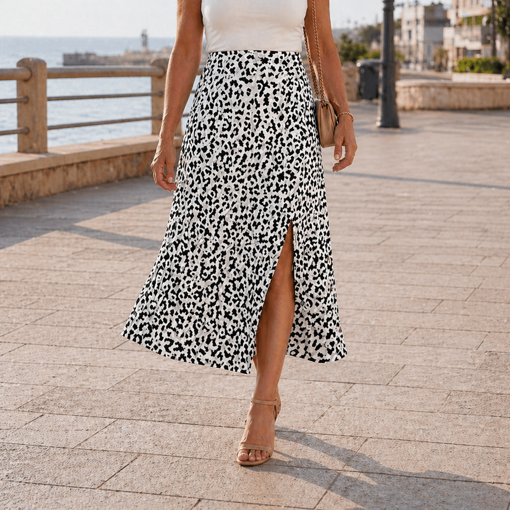 Maxi skirt with unique leopard print and high slit