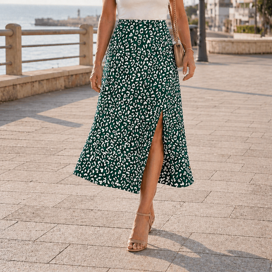 Maxi skirt with unique leopard print and high slit