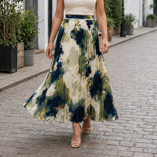 Women's Maxi Skirt with Floral Design and Pleated Details