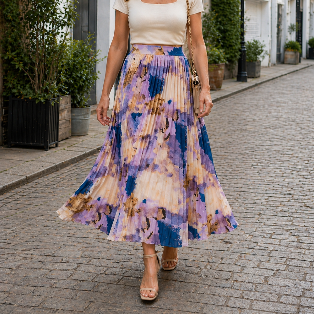 Women's Maxi Skirt with Floral Design and Pleated Details