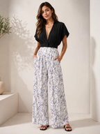 Women's two-piece set with floral wide-leg pants and top, summer casual