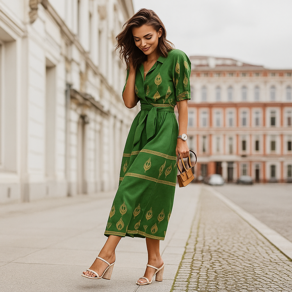 Women linen blend belted midi shirt dress with floral print and pile collar