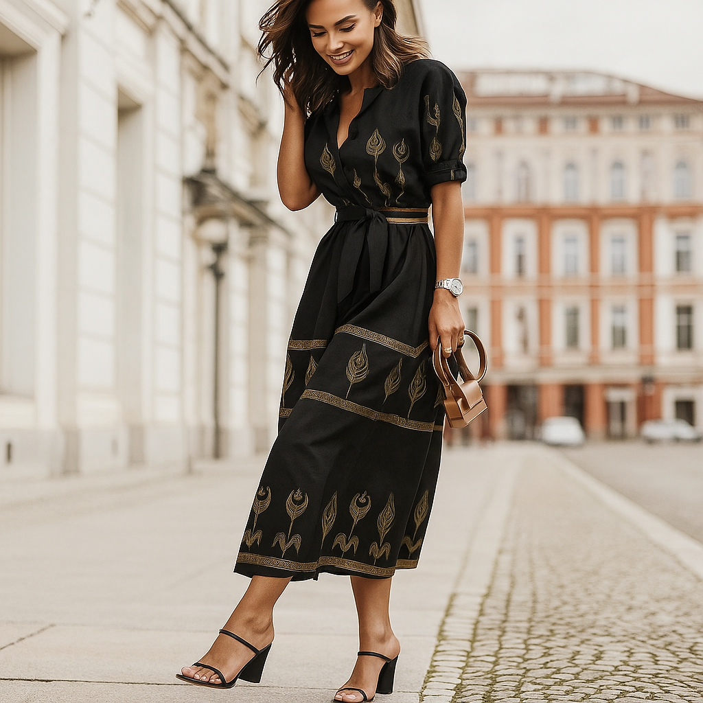 Women linen blend belted midi shirt dress with floral print and pile collar