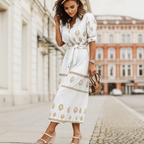 Women linen blend belted midi shirt dress with floral print and pile collar