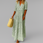 Women's vintage print cotton maxi dress with V-neck and 3/4 sleeves, loose summer fit