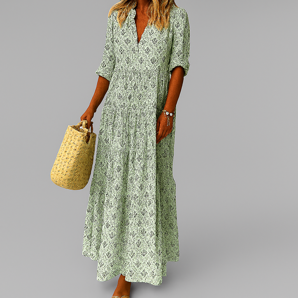 Women's vintage print cotton maxi dress with V-neck and 3/4 sleeves, loose summer fit