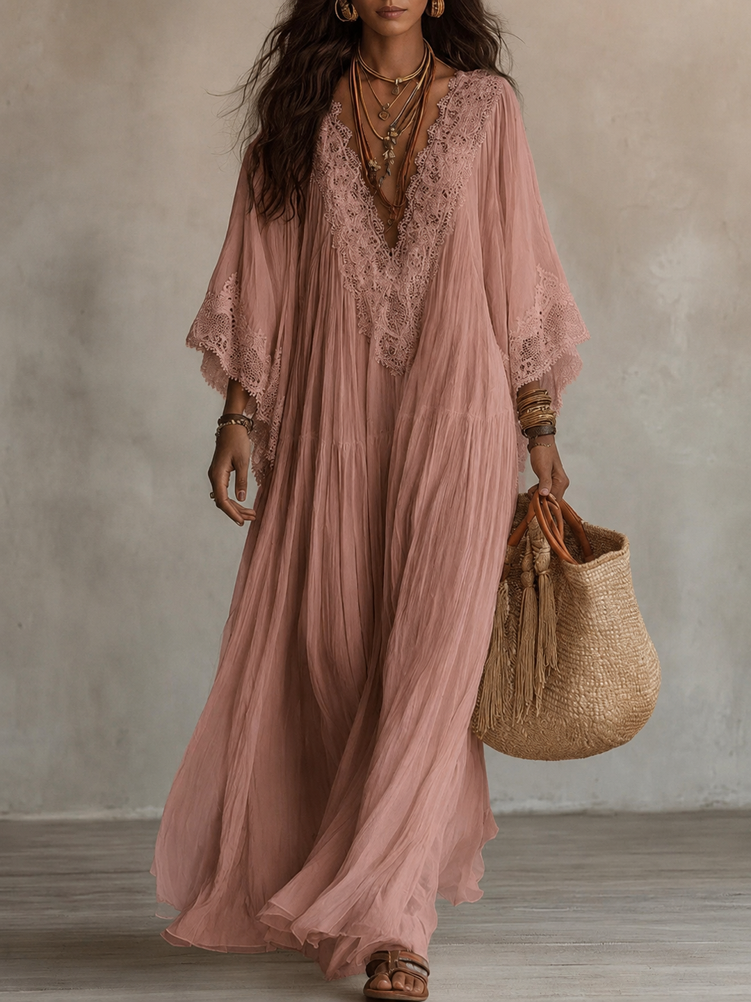 Women chiffon lace maxi dress bohemian V-neck tiered flowy ivory