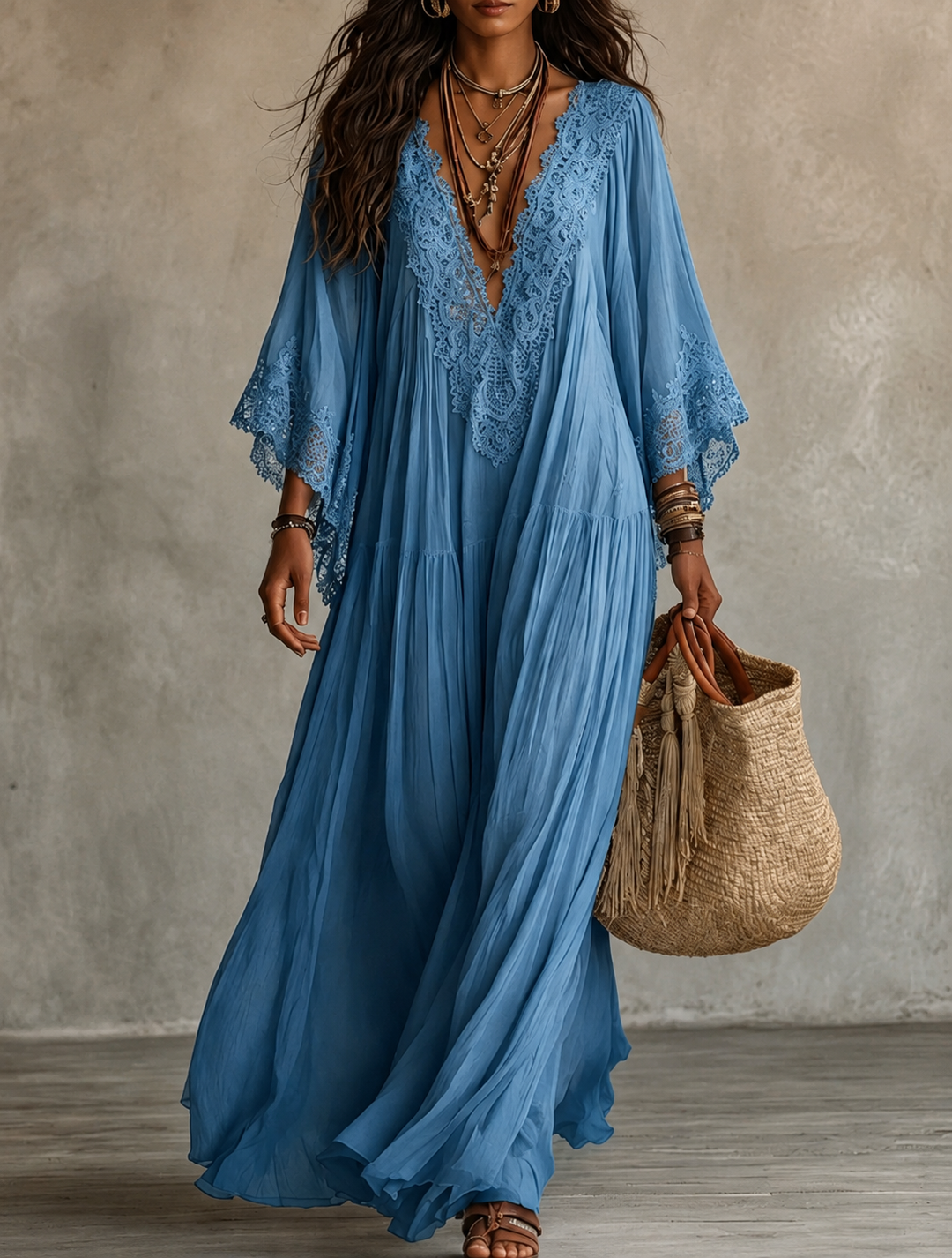Women chiffon lace maxi dress bohemian V-neck tiered flowy ivory