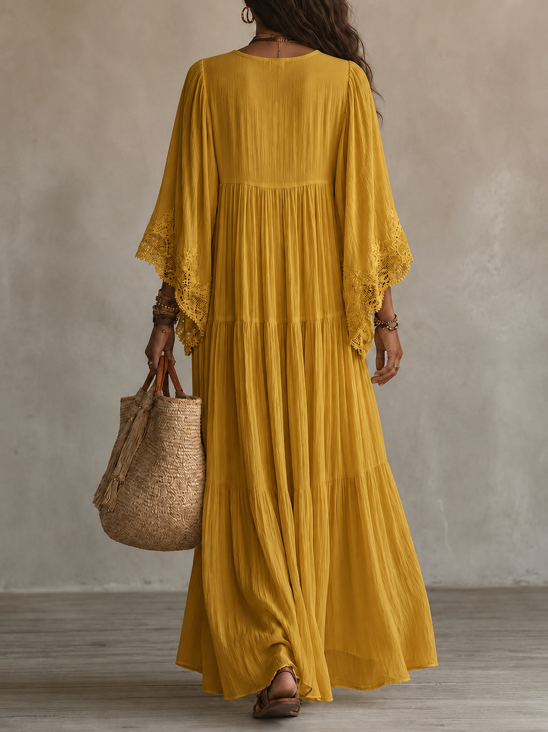 Women chiffon lace maxi dress bohemian V-neck tiered flowy ivory