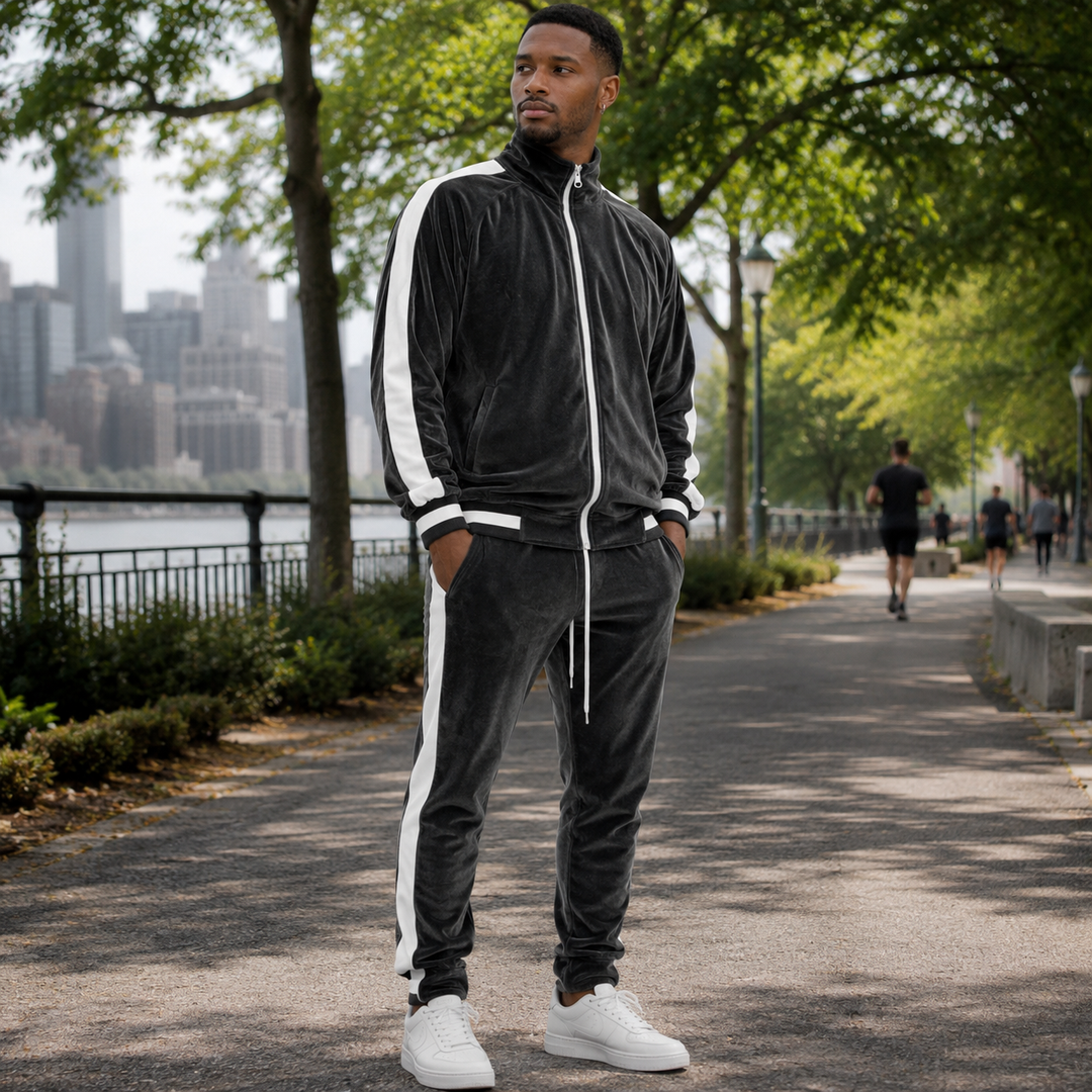 Men's Velvet Tracksuit Full Zip Sporty Leisure Activewear