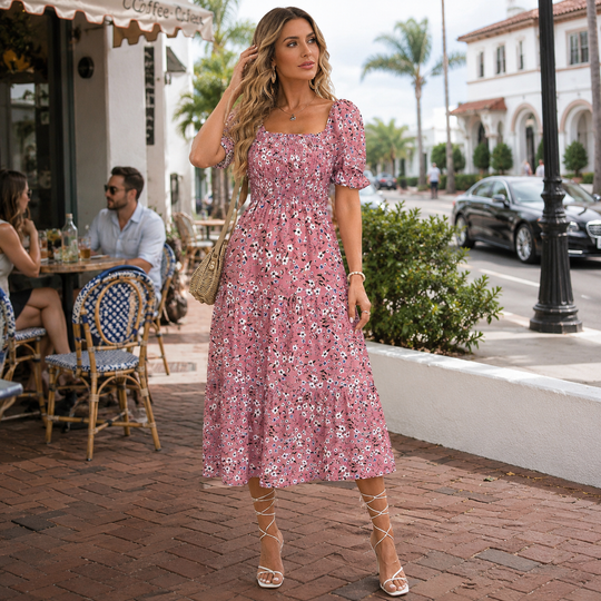 Women's Floral Midi Dress Button Front Puff Sleeve Ruffle