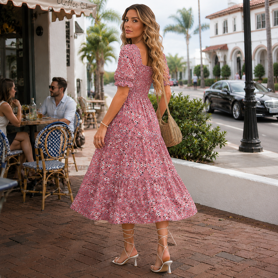 Women's Floral Midi Dress Button Front Puff Sleeve Ruffle