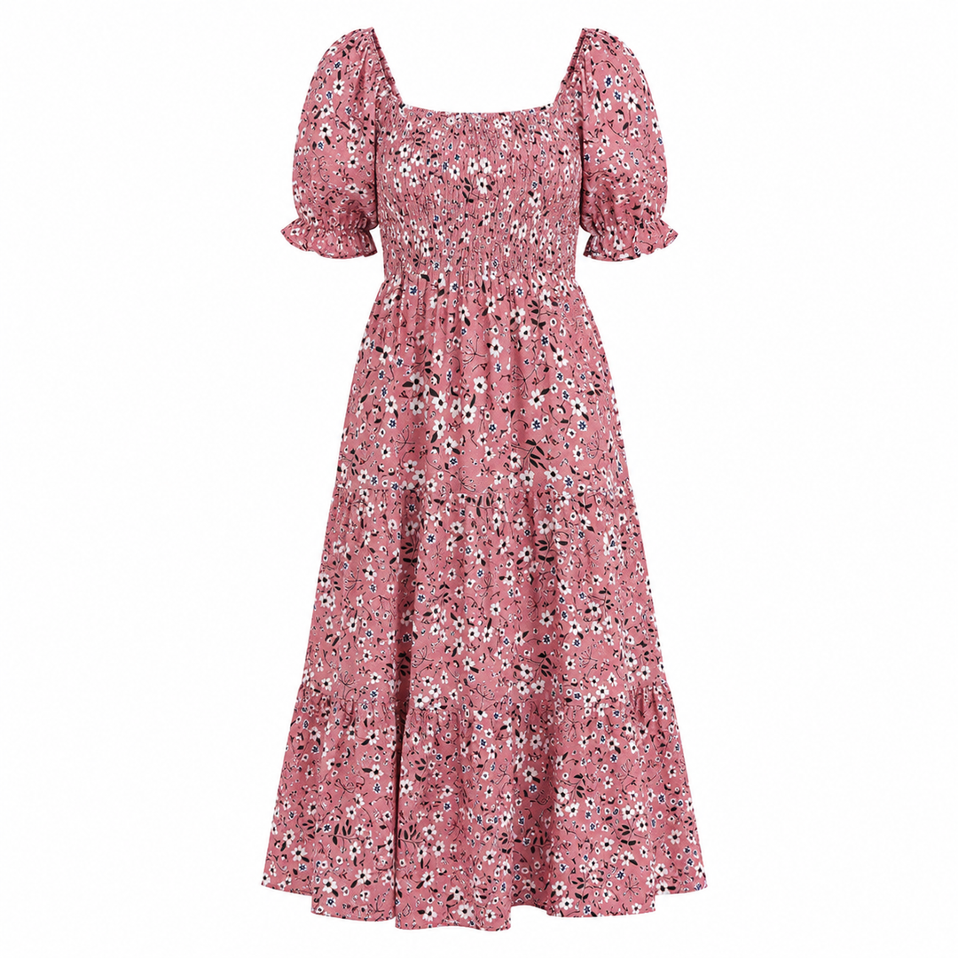 Women's Floral Midi Dress Button Front Puff Sleeve Ruffle