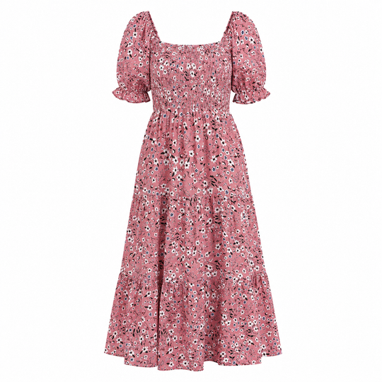 Women's Floral Midi Dress Button Front Puff Sleeve Ruffle