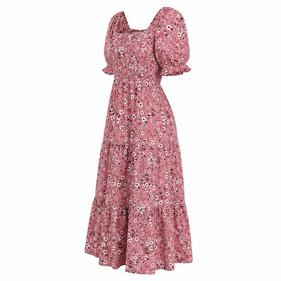 Women's Floral Midi Dress Button Front Puff Sleeve Ruffle