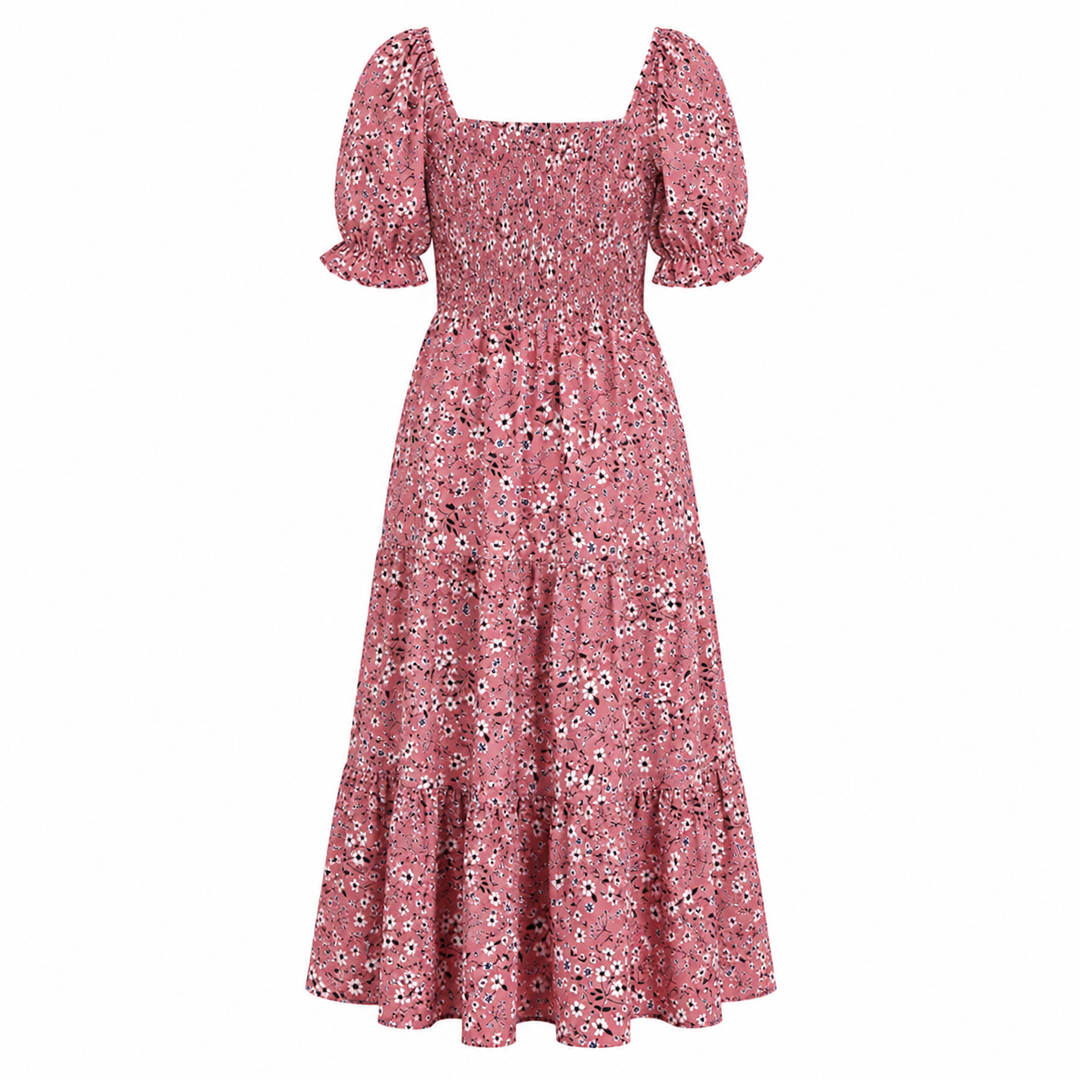 Women's Floral Midi Dress Button Front Puff Sleeve Ruffle