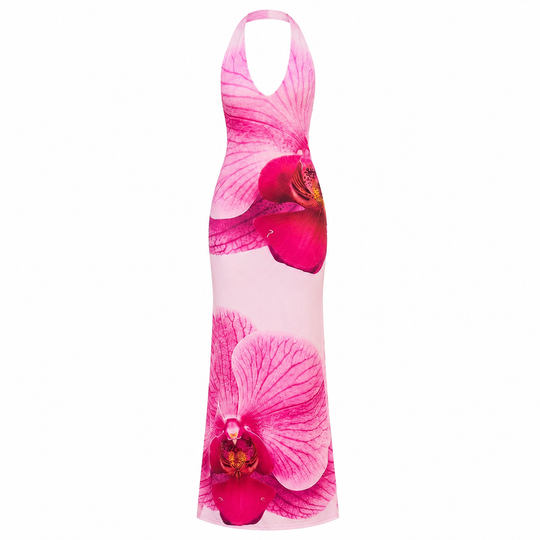 Halter V-Neck Chiffon Maxi Dress Lined Pull-On Summer