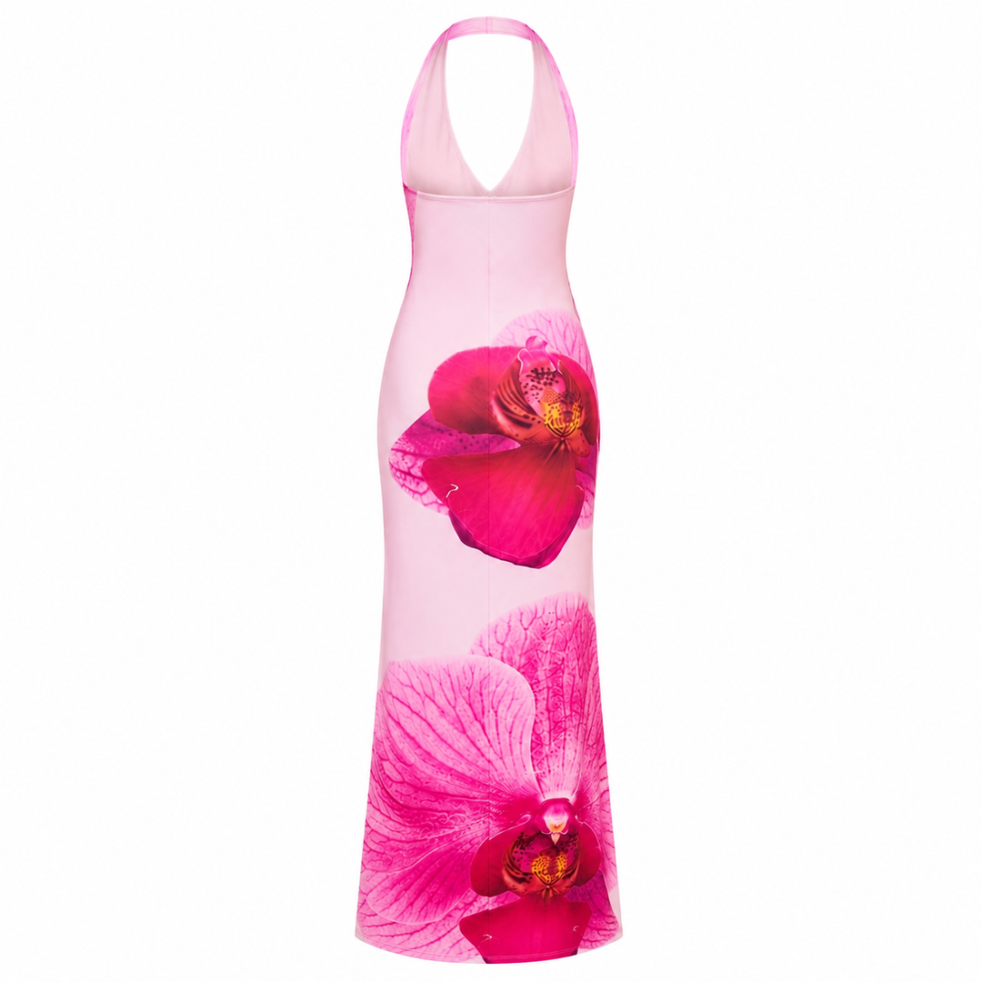Halter V-Neck Chiffon Maxi Dress Lined Pull-On Summer