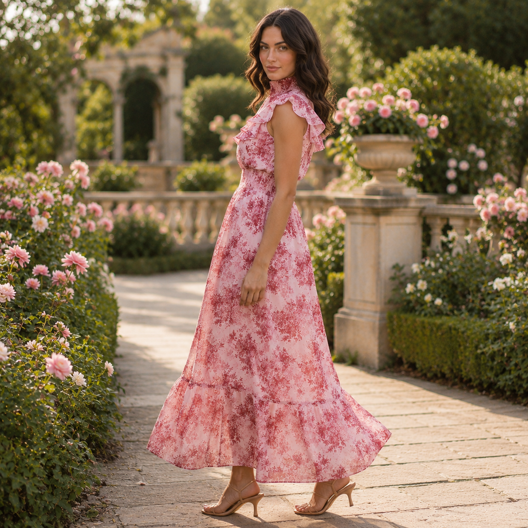 Chiffon Maxi Dress with Smocked Waist and Flutter Sleeves