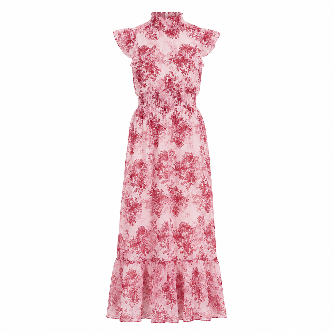 Chiffon Maxi Dress with Smocked Waist and Flutter Sleeves