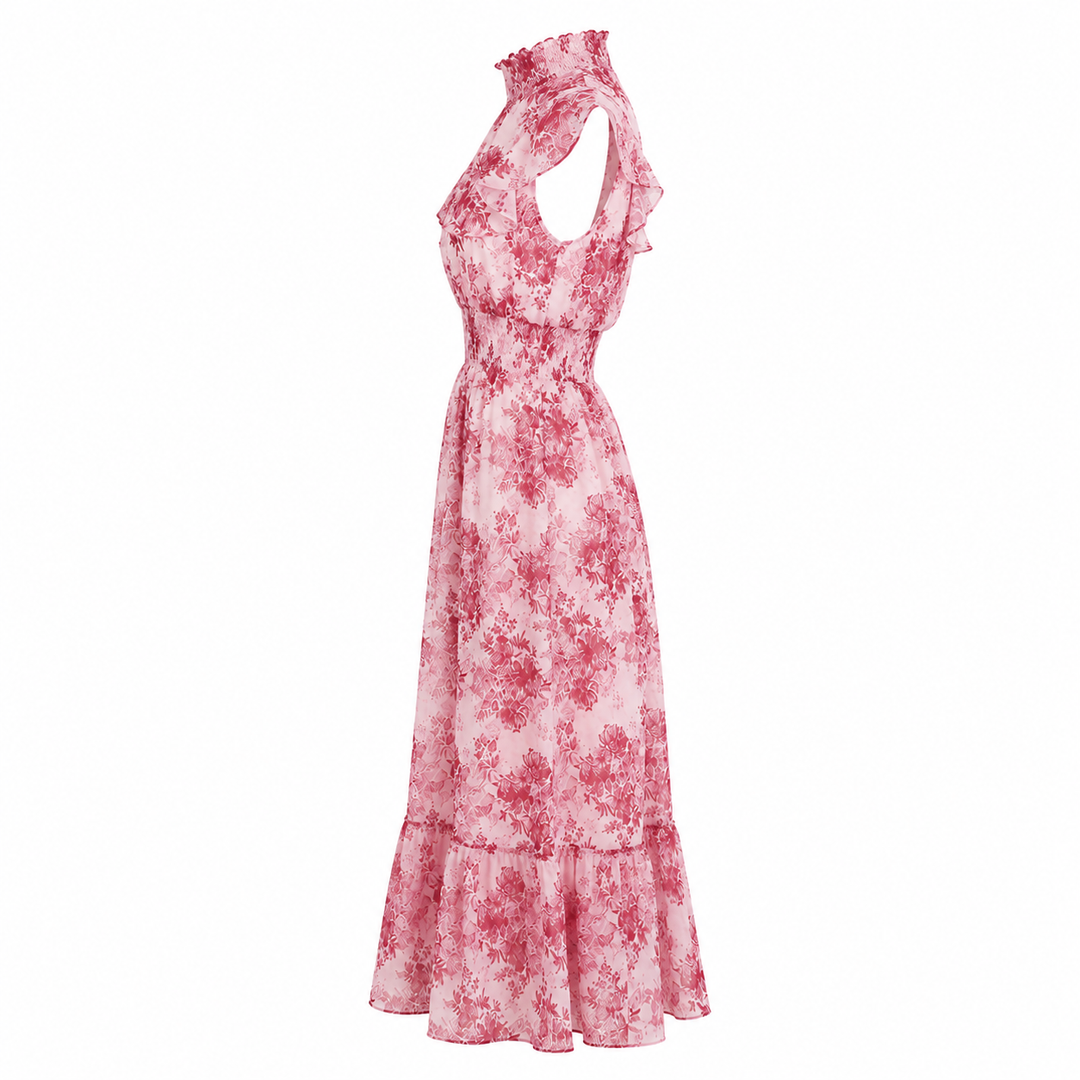 Chiffon Maxi Dress with Smocked Waist and Flutter Sleeves