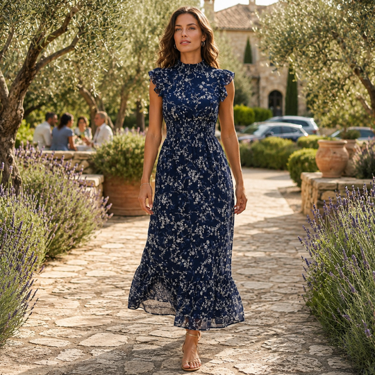 Floral Chiffon Maxi Dress Smocked Waist Flutter Sleeve