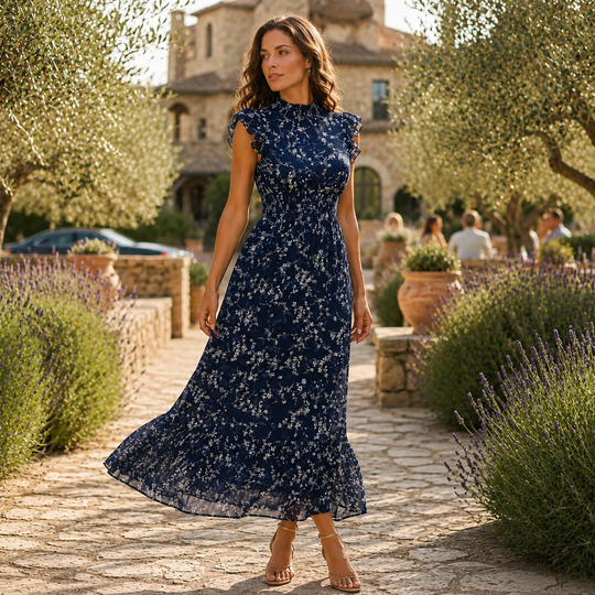 Floral Chiffon Maxi Dress Smocked Waist Flutter Sleeve