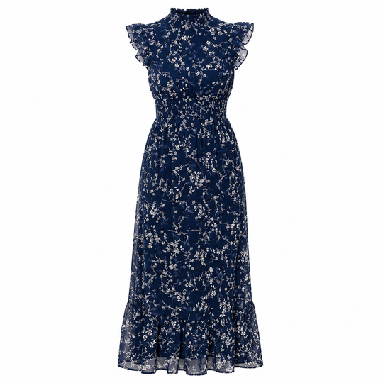 Floral Chiffon Maxi Dress Smocked Waist Flutter Sleeve