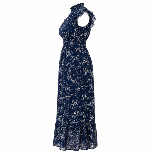 Floral Chiffon Maxi Dress Smocked Waist Flutter Sleeve