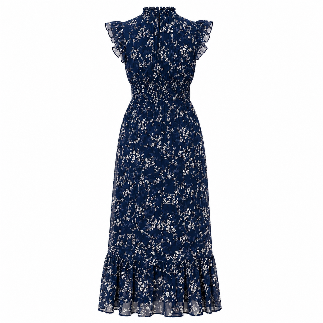 Floral Chiffon Maxi Dress Smocked Waist Flutter Sleeve