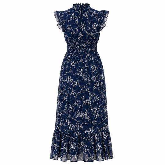 Floral Chiffon Maxi Dress Smocked Waist Flutter Sleeve