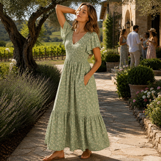 Floral Maxi Dress with Smocked Waist, Rayon Fabric, Flutter Sleeves