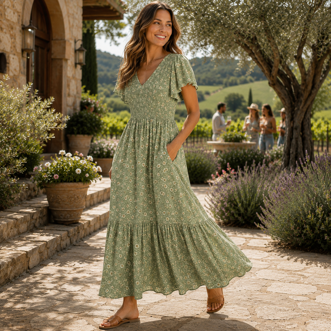 Floral Maxi Dress with Smocked Waist, Rayon Fabric, Flutter Sleeves