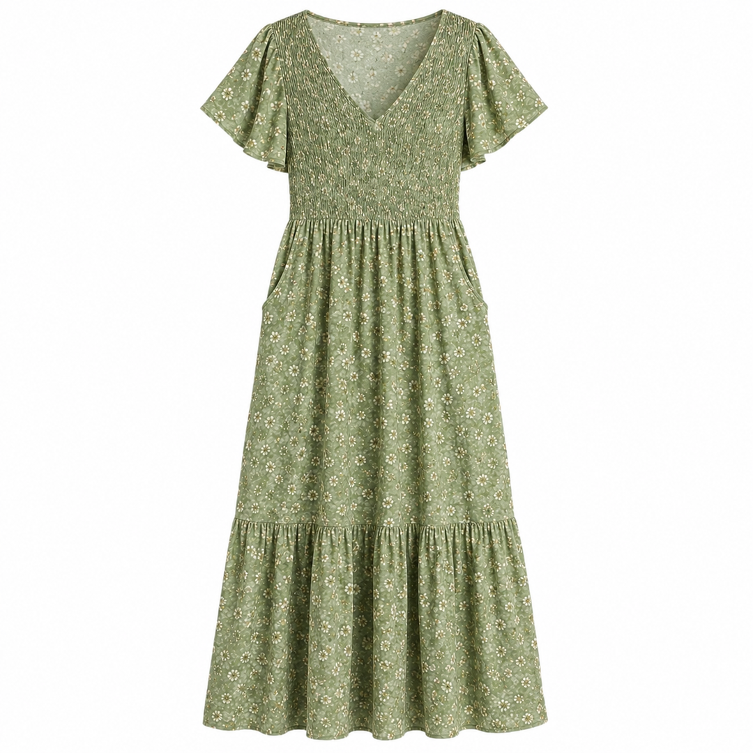 Floral Maxi Dress with Smocked Waist, Rayon Fabric, Flutter Sleeves